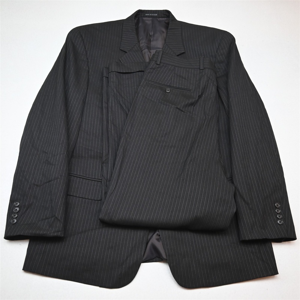 Vtg Y2K 2000s Boxy 43R 33x30 Brown Striped Wool Mens Jacket Pants Suit